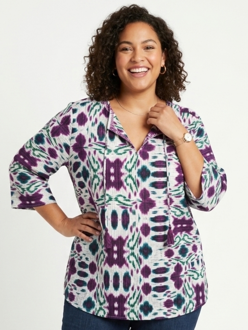Jones New York Signature Plus Size Woman Purple and Teal Abstract Print Top